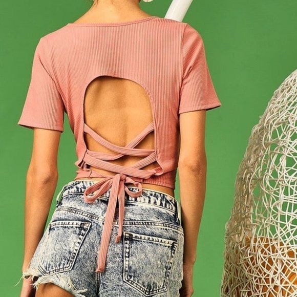 Bibi Knit Rose Color Top w/Back Cross & Tie Detail size medium - Picture 2 of 2